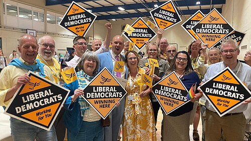 Cameron Thomas and the Tewkesbury Liberal Democrat team celebrate their 2024 General Election victory