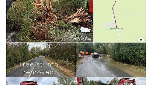 Collage of works at the Gotherington Lane site tree stump removal